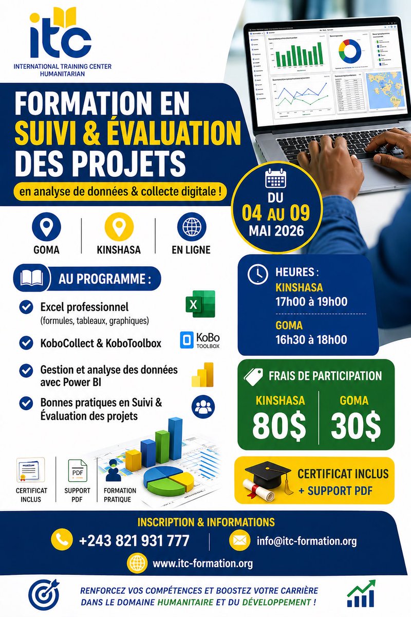 OngItc's tweet photo. FORMATION EN (MEAL)- Monitoring Evaluation Accountability Learning. 

📍 Goma | Kinshasa | En ligne
📅 Du 04 au 09 Mai 2026

⏰ Horaires 😗
• Kinshasa : 17h00 – 19h00
• Goma : 16h30 – 18h00

Inscrivez-vous maintenant 👉: https://t.co/qScB3bxtlt

📞 +243 821 931 777 https://t.co/Na1y2vkCoL