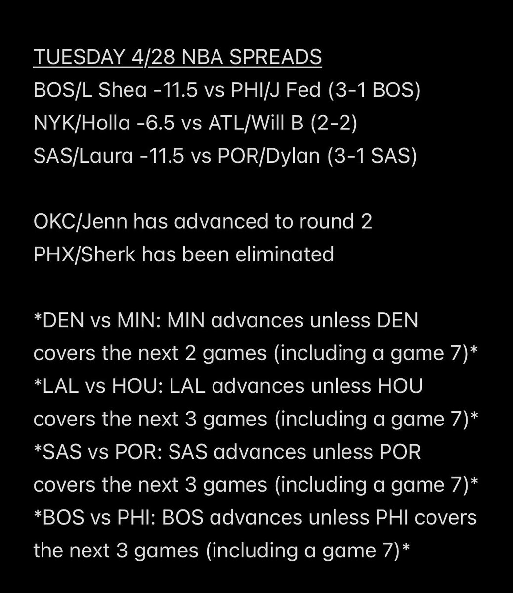 PlayThePools's tweet photo. NBA PLAYOFF POOL: Tuesday 4/28 Spreads and update
Graphic will be updated and posted for round 2 of the playoffs #PTP https://t.co/j1Thdx8pEs