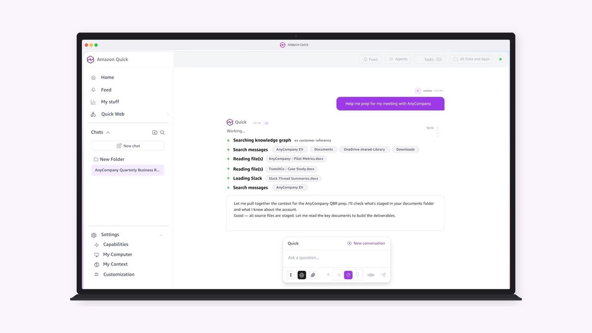 ricksuttles's tweet photo. Amazon Quick desktop app is live! Connects to your email, calendar, Slack, local files, and a bunch more. It learns how you work, gets smarter over time, and can spin up agents that handle work you used to do yourself. Built on AWS so security and resilience are there from the start. I've been using it for weeks and it's genuinely changing how I get things done. #AmazonQuick 
Try it today → https://t.co/VsdTnjMgPN
