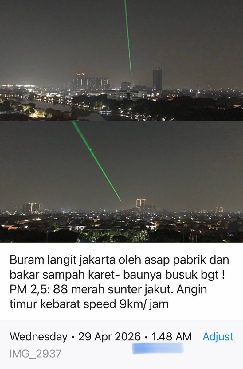 jakarta7268's tweet image. #Asean #Fifa #trending #PabrikWingsSumberPolusiUdara #BakarSampah #Smog #PM25 #Jakarta🇮🇩 #AirPollution #apartemen #KendalikanAsapPLTU 
Rabu 29/04/2026 1:57 am
Polusi udara jakarta saat ini tinggi banget. Pdhal subuh. Sumbernya dr asap pabrik di Marunda dan pegangsaan klp gding