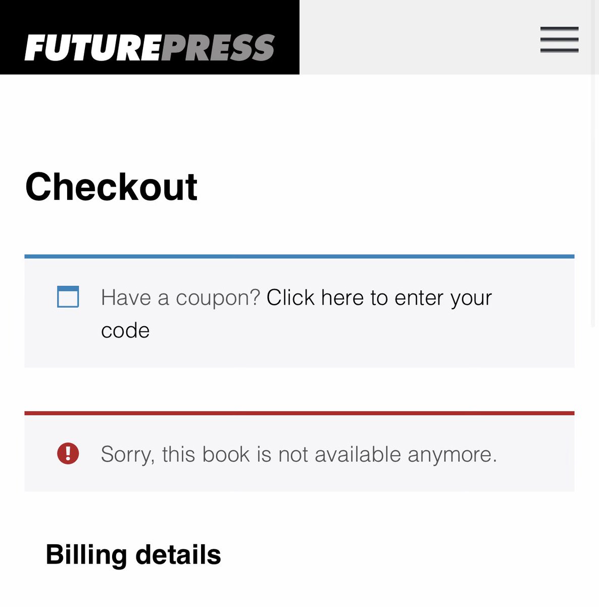 verysuperjamous's tweet photo. @SpiraaliJarvi @FuturePress Same issue still … tried from my phone and switched payment methods too 🫠 https://t.co/hZaRqS1IIw