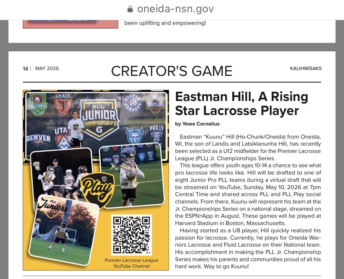 landisbelle's tweet photo. Yawako (Thank you) to the @Kalihwisaks for publishing this article on Kunu! His efforts &amp; hard work continue to
pay off. Boston, here we come!!  @HAU_Nationals @OneidaNationWI @FluidLacrosse @gbpressgazette @PLL_Academy @PremierLacrosse https://t.co/J76JNRJhP9 #lacrosse 🥍❤️‍🔥 https://t.co/YkSBGKh1hs
