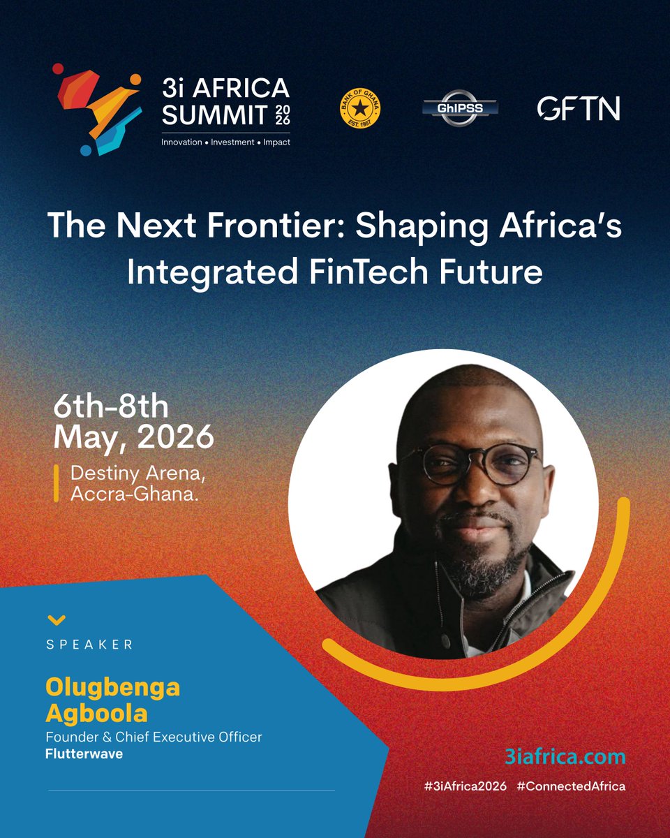 kwekutech's tweet photo. what happens when you put the COO of @PiggyVestBiz, the CEO of @theFlutterwave, @BinanceAfrica's Head of Legal, and the CEO of MobileMoney Fintech in the same room?

industry-changing decisions.
breakthroughs that no single company could reach alone.
solutions to problems each of them has been bumping into from different sides of the same wall.

that is exactly what the @3iafricasummit 2026 is architecting. Accra. Destiny Arena. May 6-8.

the people building Africa's financial future are converging. 🌍