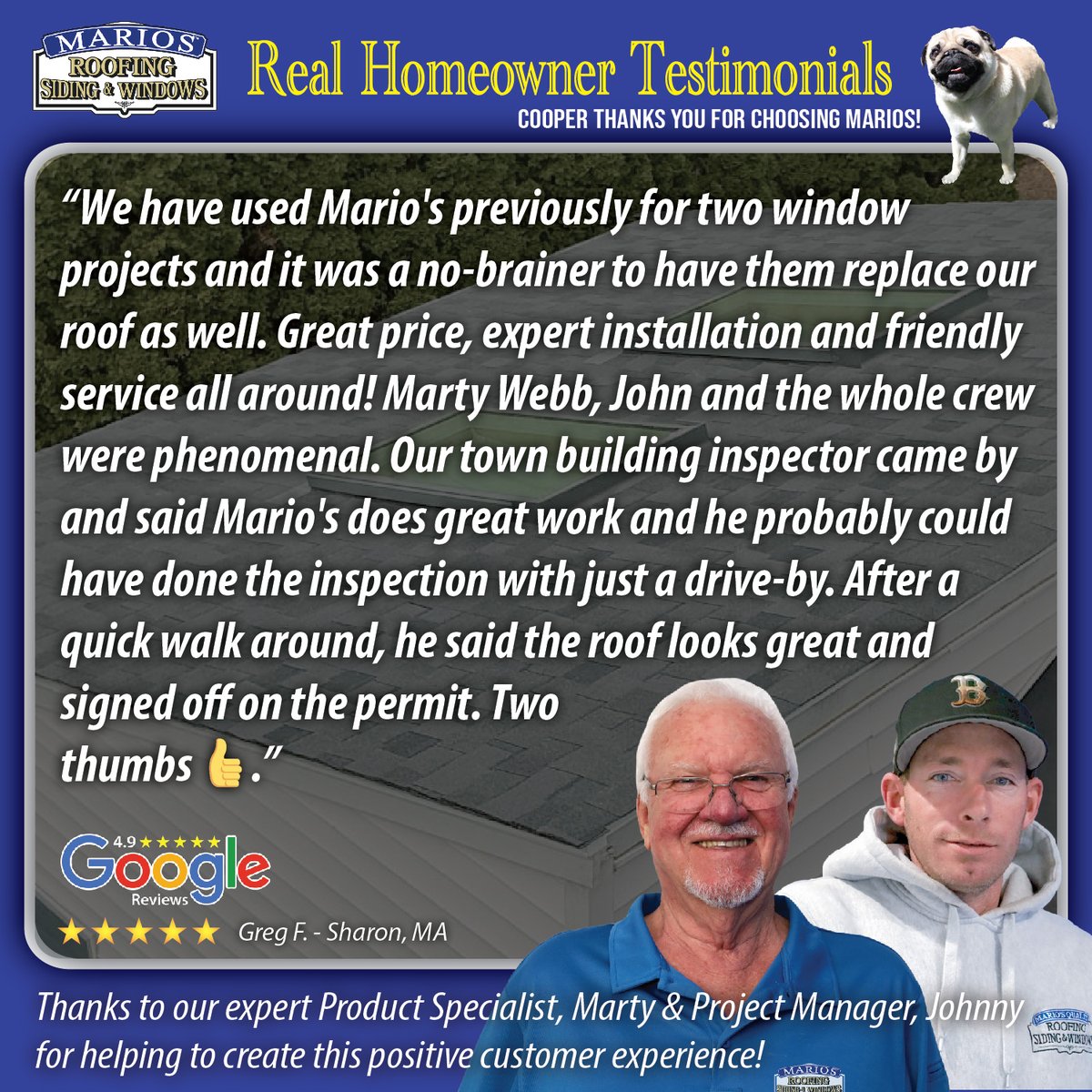 marios_roofing's tweet image. ✨Testimonial Tuesday✨

Thanks again, Greg, for trusting us with your home improvement project!
-
If you had a great experience with us, we'd love to hear it as well!
🙏g.page/r/CT54zb6uphWP…

#marios #roofing #siding #windows #decks #doors #skylights #sharon #ma