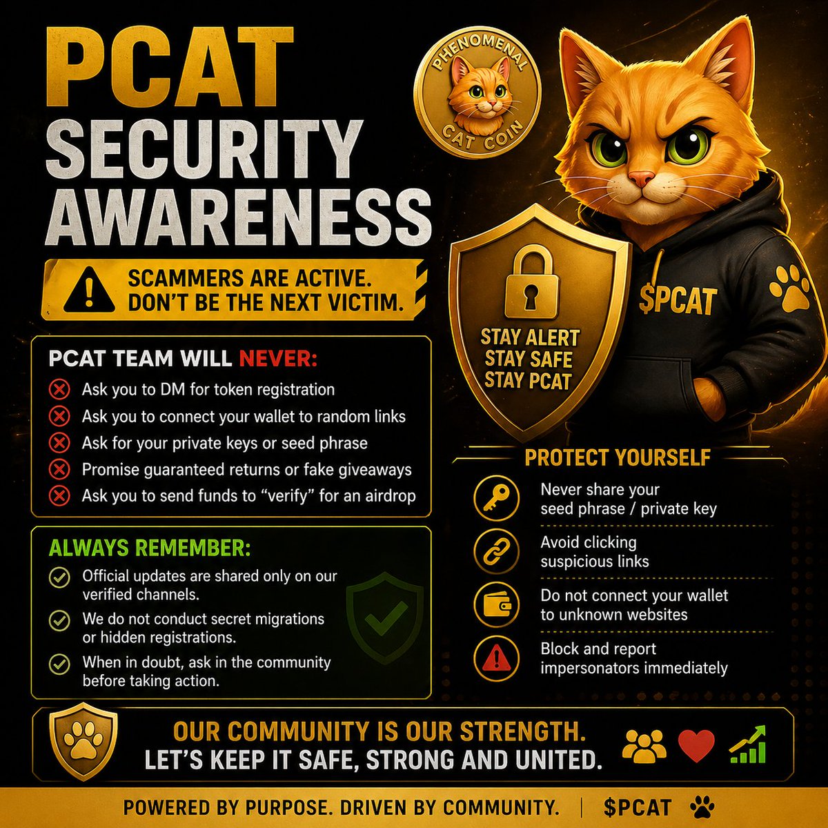 🚨 COMMUNITY SECURITY WARNING 🚨

Phenomenal Family, please stay alert.

Scammers are currently creating fake messages and impersonating team members in an attempt to deceive community members with false migration, airdrop, registration, and giveaway claims.

⚠️ IMPORTANT:
PCAT