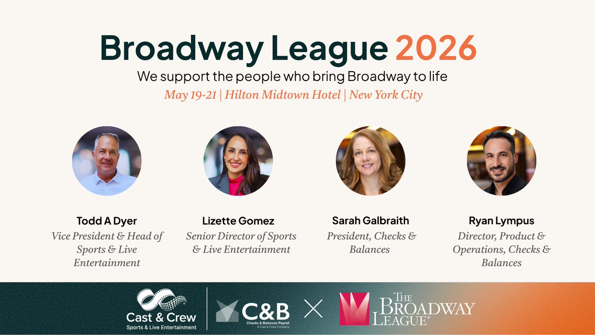CastAndCrewNews's tweet photo. Explore how we are the top-rated in theater payroll services. Connect with us at the Broadway League Road Show on May 19-21 to see how we make payroll simple: https://t.co/86MVCOx8cv

#CastandCrewSportsandLiveEntertainment #ChecksandBalances #SpringConference #BroadwayPayroll https://t.co/Y9NaM7BOnk