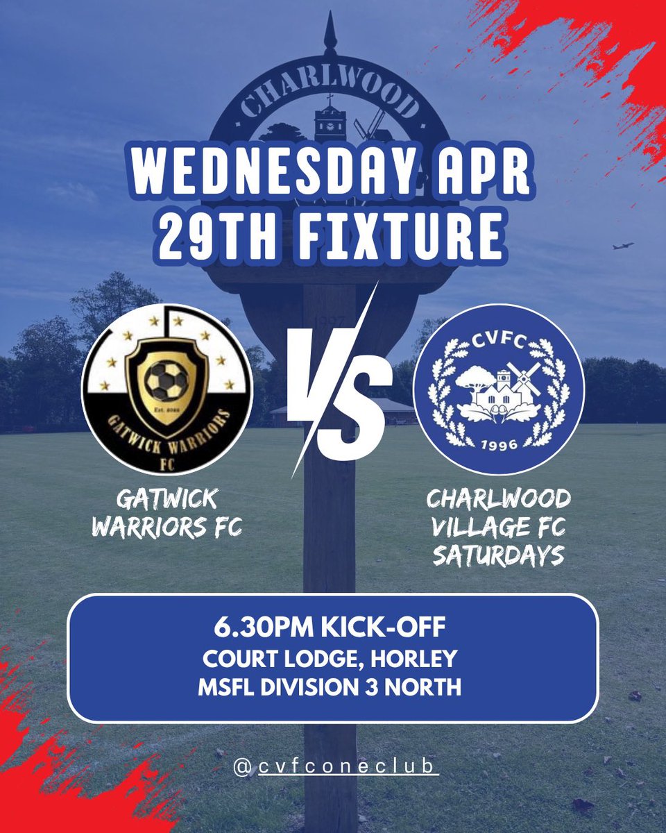 CVFConeclub's tweet photo. β½οΈ MIDWEEK AWAY β½οΈ
Gatwick Warriors FC v CVFC Saturdays
π
Wednesday 29th April
β° 6:30pm KO
π Court Lodge, Horley
π MSFL Division 3 North
Champions finishing strong! πͺπ΅π
#CVFC #MSFL https://t.co/KQddu03u9m