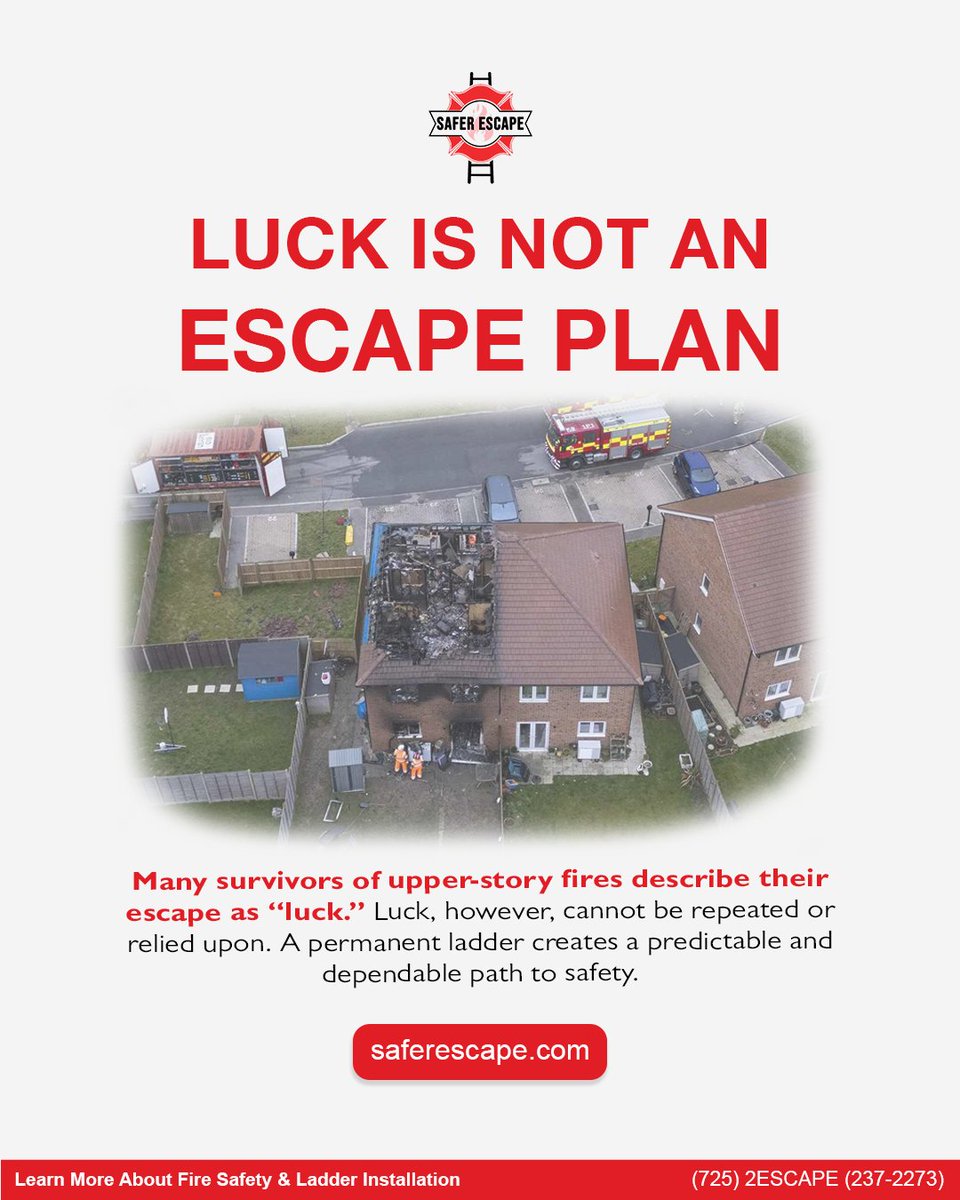 SaferEscape's tweet image. Many survivors say they were “lucky.” But luck can’t be planned or repeated.
Safer Escape® makes your way out predictable, not dependent on chance.

👉 Learn more at saferescape.com or call (725) 2ESCAPE (237-2273)

#FireSafety #SaferEscape #EmergencyPreparedness
