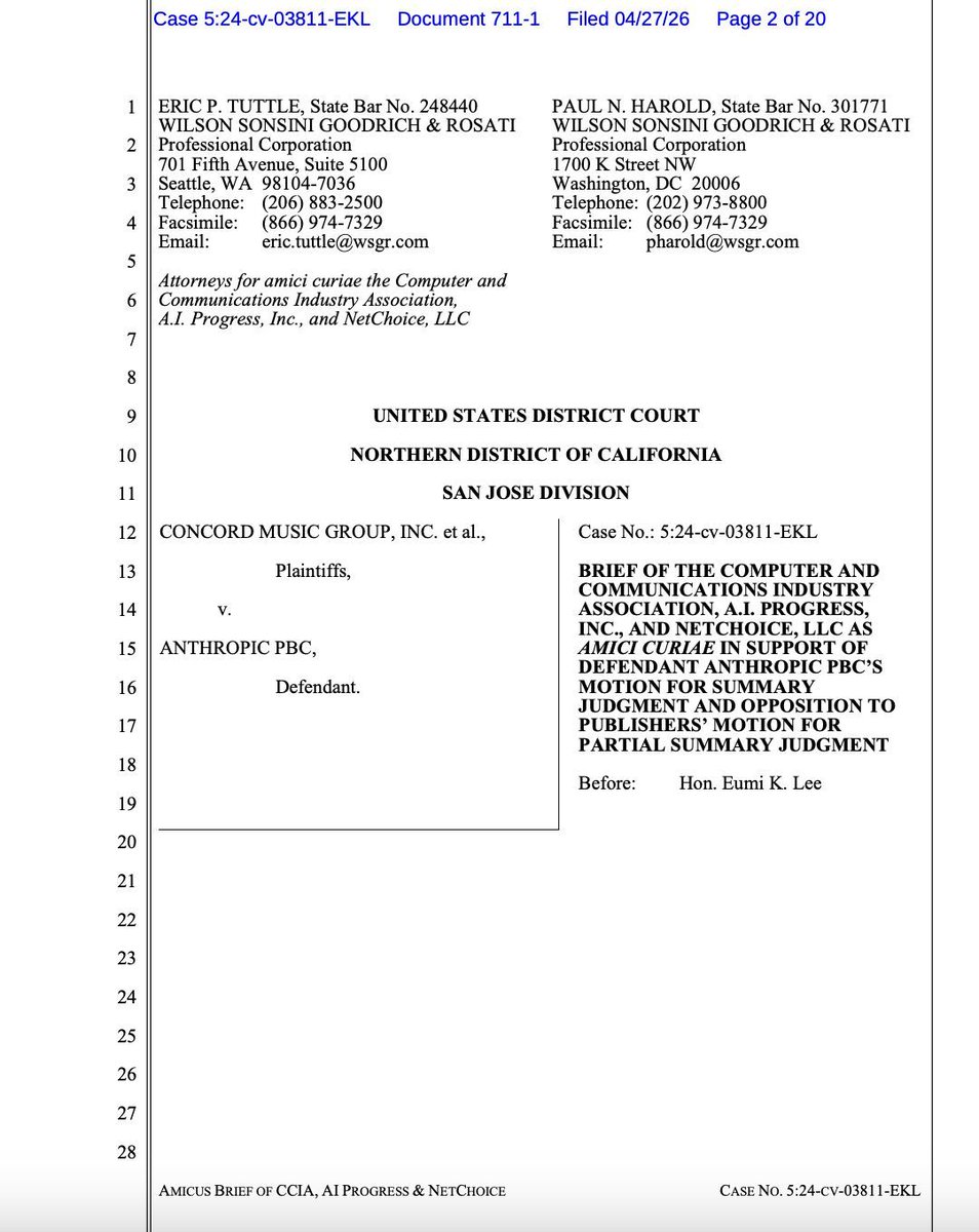 ccianet's tweet image. CCIA has filed a brief in Concord Music Group v. Anthropic, emphasizing that #copyright law supports #FairUse for #AI training. This transformative, non-infringing process identifies patterns to build new tools, not replace original works, advancing #innovation and free