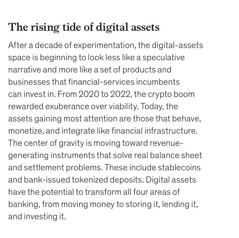 🚨 A latest McKinsey report stated crypto is shifting away from speculative narrative to real financial infrastructure.

This is due to their ability to transform banking &amp; finance! 

They mention tokenised deposits, which is where $HBAR stands out and has a serious advantage!