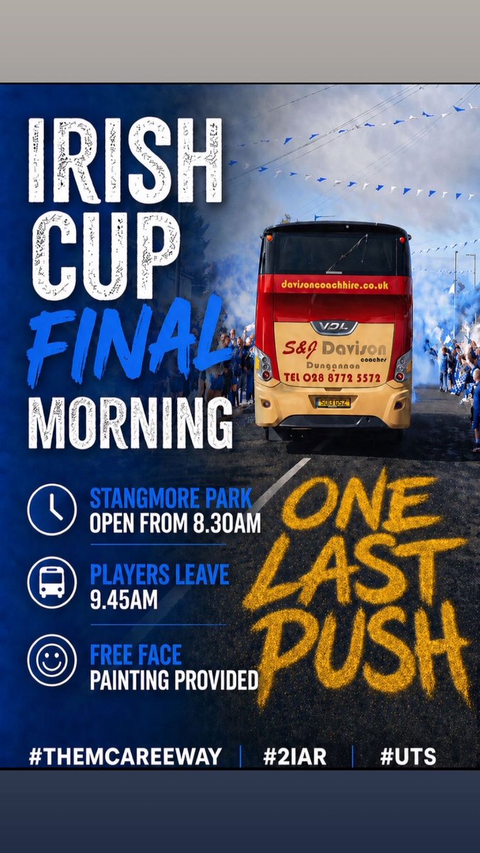 DgnSwifts's tweet image. Irish Cup Final Morning Schedule🏆

Stangmore Park will be open from 8:30am on Saturday morning with the players departing at 9:45am. 

Breakfast will be available before the game, as well as face painting!

The clubhouse will be open again after the match. 

#IrishCupFinal #UTS