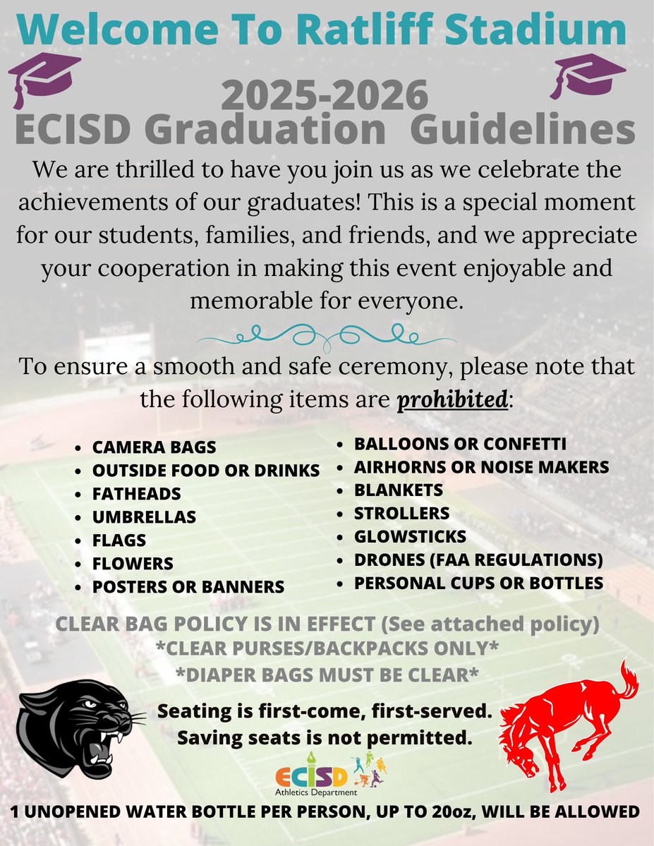 ECISDAthletics's tweet photo. As we approach graduation season, excitement is in the air! 🎓 We’re looking forward to celebrating the amazing Class of 2026 and their families. To make the day seamless and enjoyable, please review our Ratliff Stadium Graduation guidelines. Let’s make it unforgettable! https://t.co/GWbNdsY5BZ