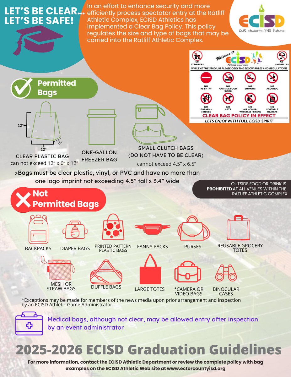 ECISDAthletics's tweet photo. As we approach graduation season, excitement is in the air! 🎓 We’re looking forward to celebrating the amazing Class of 2026 and their families. To make the day seamless and enjoyable, please review our Ratliff Stadium Graduation guidelines. Let’s make it unforgettable! https://t.co/GWbNdsY5BZ