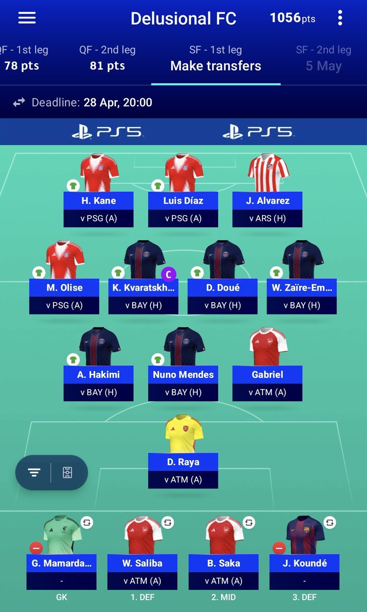 DelusionalFPL's tweet photo. #MD15🔒
#UCLSF
Yamal➡️Doue
Szobo➡️Saka
Vini Jr➡️Zaire-Emery
Mbappe➡️Kane
Ekitike➡️Alvarez
Kvaratskhelia©️
Hail mary punt on Saka 😬, not sure on minutes though 🤷🏽
Kvara has been a reliable ©️ for me, so the armband goes to him
Good luck with it peeps!
#UCLFantasy https://t.co/CgmULwT1hh