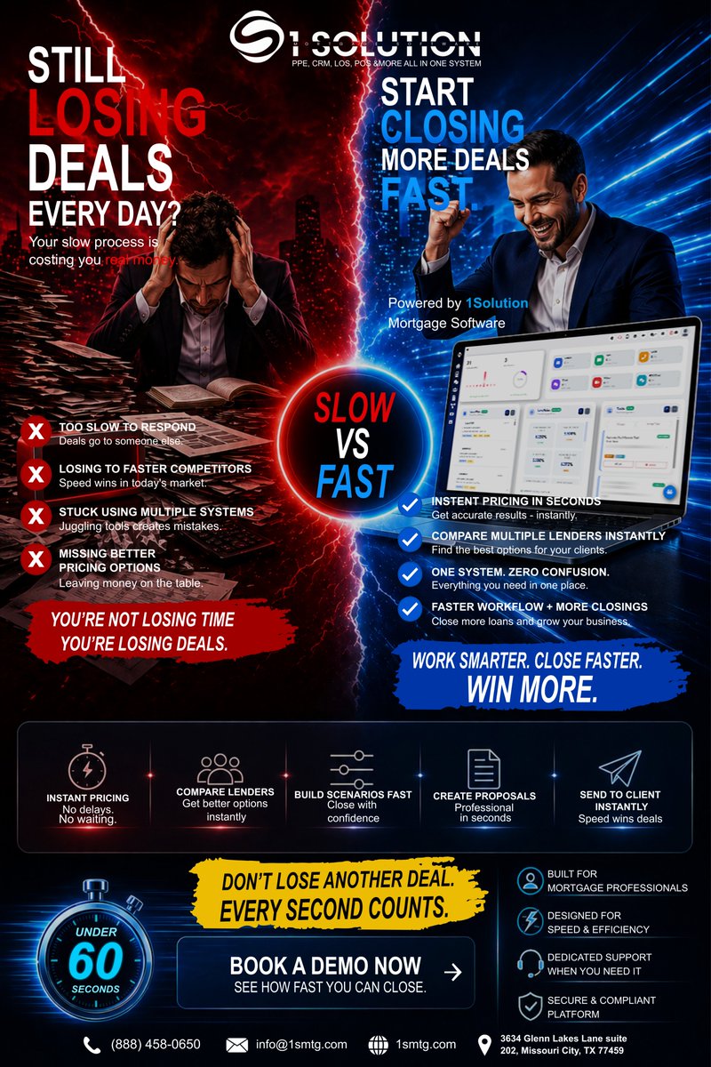 1Solution_'s tweet image. Still losing deals every day?

It’s not the market… it’s your system.

Slow = lost deals
Fast = closed deals
Do it in under 60 seconds ⚡

👉 1smtg.com

#Mortgage #Fintech #Sales #LoanOfficer