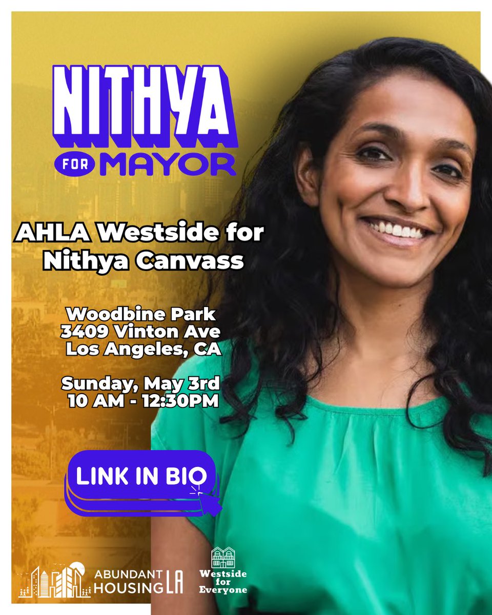 AbundantHousing's tweet image. Call to Action 📣📣📣 Westside LA we need YOU! Join AHLA along with our chapter, @WestsideForEv, this weekend Sunday, May 3rd at 10 AM at Woodbine Park to canvas for @nithyavraman! RSVP link in our bio!!

#AHLA #nithyaforthecity #westside