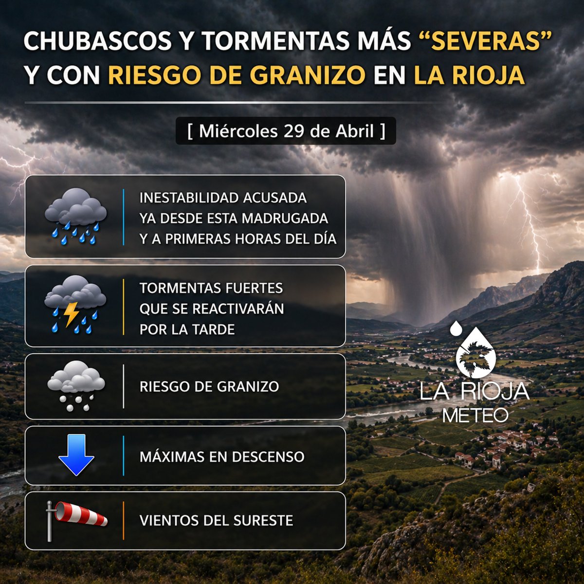 lariojaMeteo's tweet photo. ⚠️ ⚠️ Durante esta noche, madrugada y jornada del miércoles, la inestabilidad ganará "severidad" en #LaRioja con lluvias y tormentas⛈️⛈️ más intensas.
Toda la info⬇️
https://t.co/F6qucPthva https://t.co/WSwK4vBf56