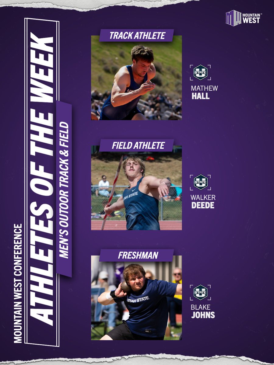MountainWest's tweet photo. 𝗠𝗪 𝗠𝗲𝗻'𝘀 𝗢𝘂𝘁𝗱𝗼𝗼𝗿 𝗧𝗿𝗮𝗰𝗸 &amp; 𝗙𝗶𝗲𝗹𝗱 𝗔𝘁𝗵𝗹𝗲𝘁𝗲𝘀 𝗼𝗳 𝘁𝗵𝗲 𝗪𝗲𝗲𝗸 #𝗠𝗪𝗢𝗧𝗙 

Track Athlete ➡️ Mathew Hall, @USUTF_XC
Field Athlete ➡️ Walker Deede, @USUTF_XC
Freshman ➡️ Blake Johns, @USUTF_XC

🔗 https://t.co/YXwjc2fIlc https://t.co/mA59j55nk8