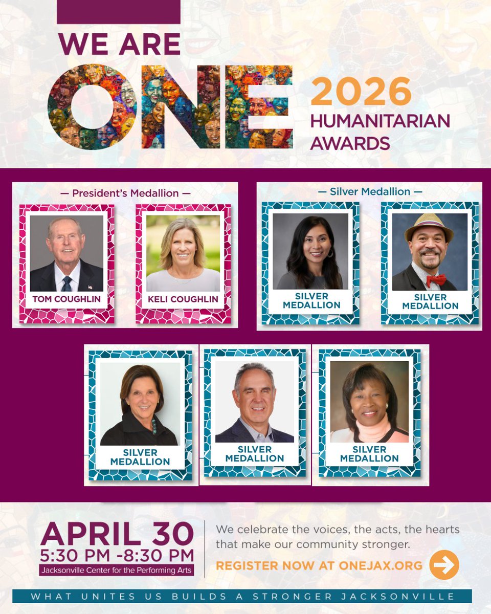 OneJax's tweet photo. Final days to join us for the 2026 #OneJax #HumanitarianAwards.This special evening brings together community members, partners, and leaders to celebrate the people helping build a stronger Jacksonville. 

Get your tickets today at https://t.co/XHKQkO5UbV

#JacksonvilleEvents #We https://t.co/UeIJjGuxo2