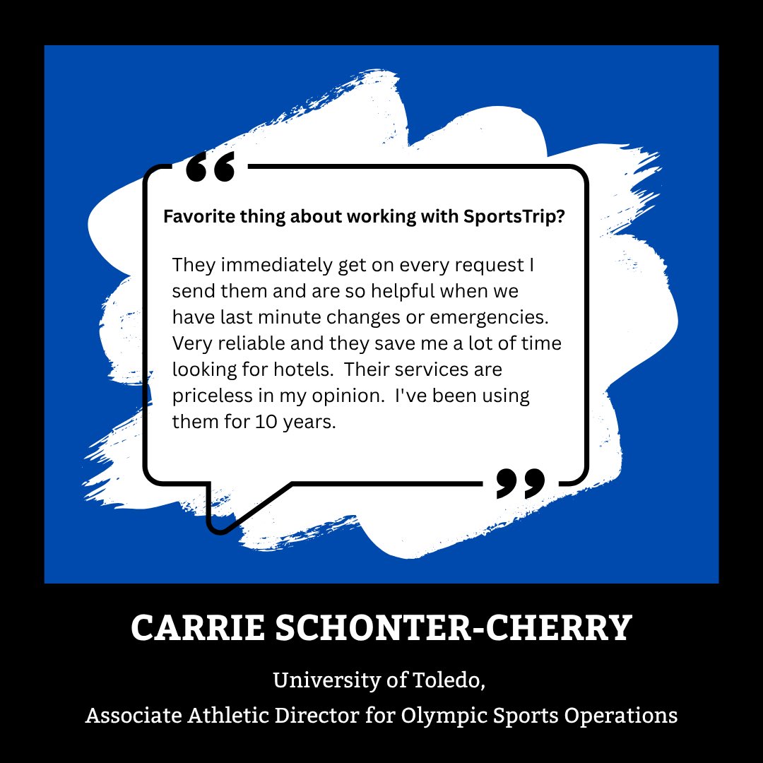 Say hello to Carrie Schonter-Cherry! 👋🏼

🎓 University: University of Toledo
 💼 Job Title: Associate Athletic Director for Olympic Sports Operations

#SportsTrip #CoachSpotlight #CustomerSpotlight #TeamTravel #Community