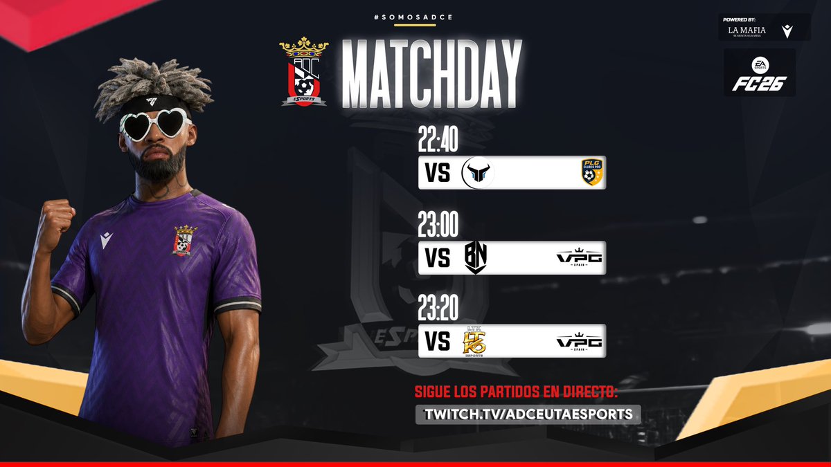 ADCeutaEsports's tweet image. #MATCHDAY | 28/04 📆

En una temporada donde hemos aterrizado en la élite de #ClubesPro y dónde habrá que pelear mucho más…a por la jornada de hoy💪🏻⚽️

🏆 @PLG_Spain
🆚 @ZenturionsES
⏰ 22:40h

🏆 @VPG_Spain 
🆚 @bananoesport 
⏰ 23:00h

🏆 @VPG_Spain 
🆚 @LTKESPORTS__ 
⏰