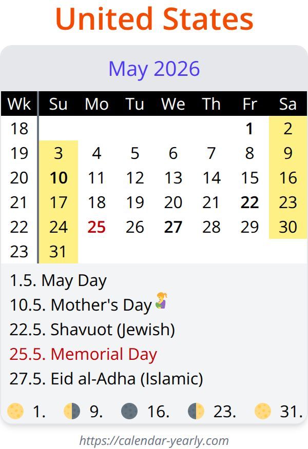 CalendarYearly's tweet image. 📅 May 2026 – Your United States Calendar!

Everything you need:
🌙 Moon phases
🇨🇭 United States public holidays
✨ Export to PDF, Excel &amp;amp; ICS
✅ 74 countries | 100% free!

🔗 Link in bio!

#UnitedStates #UnitedStatesCalendar #2026 #Calendar #FreeTools #Planning