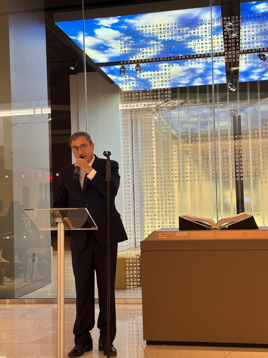 MPeronaci's tweet photo. A touching ceremony @museumofbible for a donation of a Gutenberg Bible replica hand made by highly-skilled young girls and boys at the "Scriptorium Foroiuliense" from San Daniele del Friuli, Italy. The Friuli-Venezia Giulia Region connects Italy and the US. https://t.co/PT6xT0iJbh