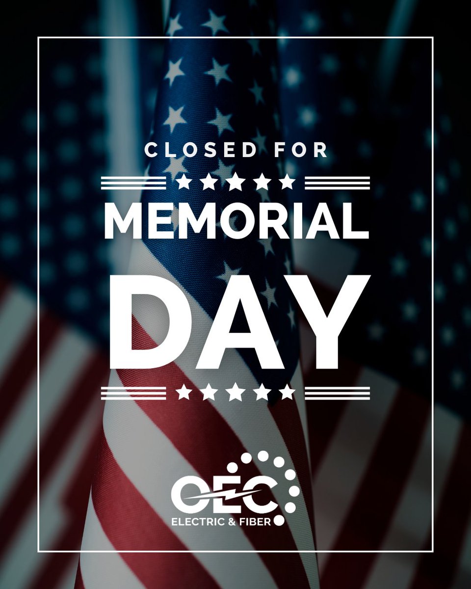 OecFiber's tweet photo. Our lobbies will be closed Monday, May 25 for Memorial Day. Members and subscribers can still reach us at (405) 321-2024 for @okcoop or (405) 217-6868 for @OecFiber tech support! https://t.co/CKJ064in9K