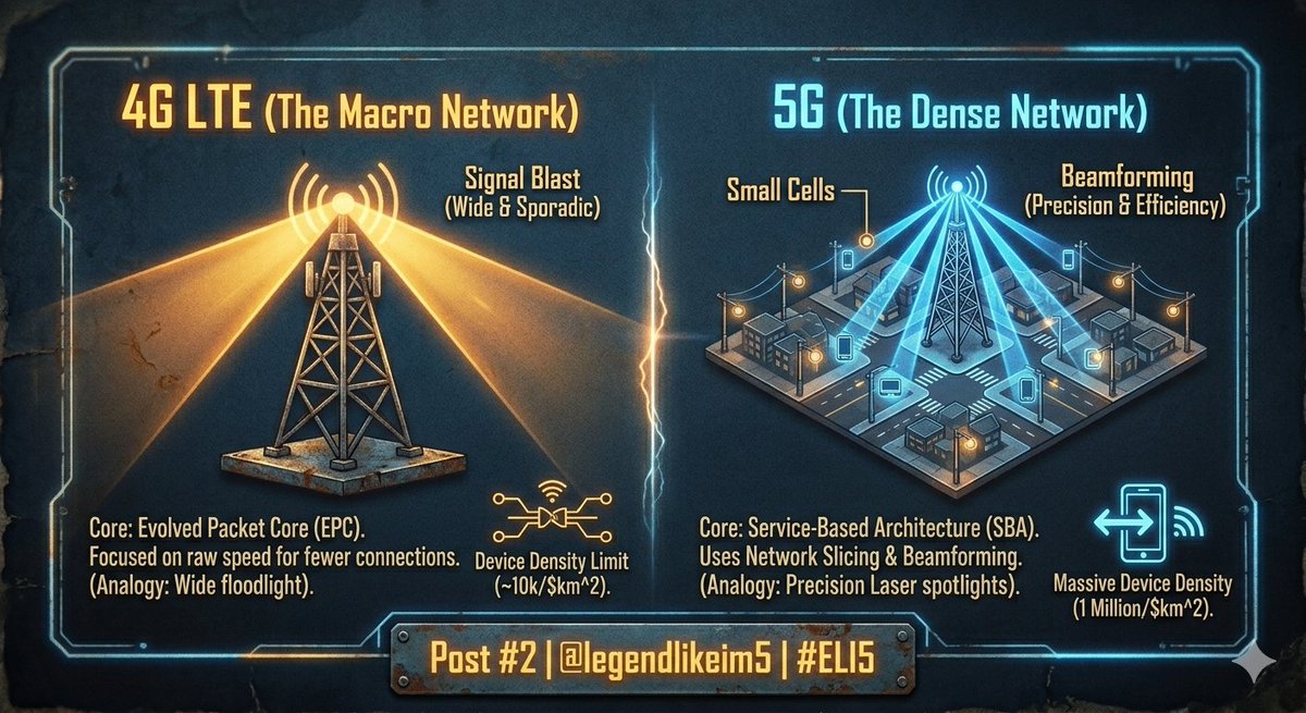 LegendLikeIm5's tweet image. 2. How 5G is Completely Different?
Previous generations focused on connecting people (calls, texts, video).

5G connects everything. It offers up to 10x the speed of 4G and can handle 1 million devices in a single square kilometer. 📶
#5G #IoT #Connectivity #Legendlikeim5