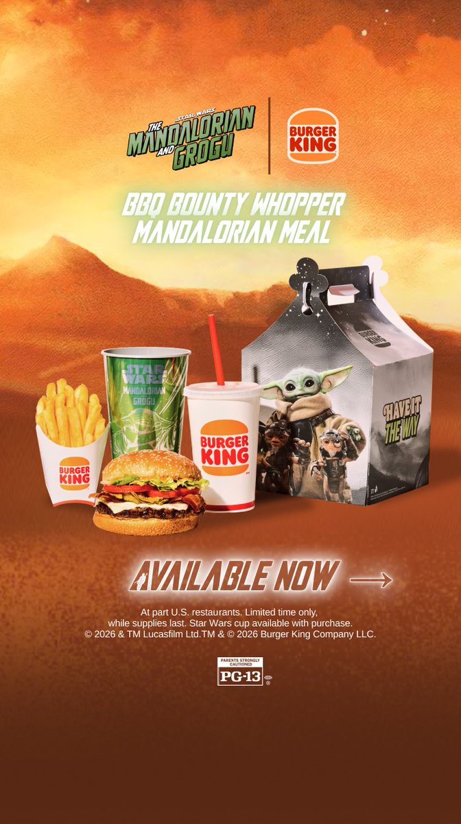 BurgerKing's tweet photo. Hop on your Razor Crest now to secure all these Mandalorian &amp; Grogu Menu items.