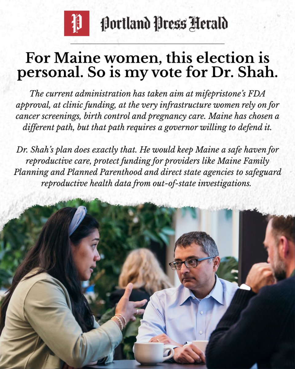 nirav_maine's tweet photo. “The reasons women make reproductive health decisions are deeply personal. Financial circumstances. Genetic diagnoses. Health risks. Timing. Relationships. And sometimes, circumstances no woman should ever have had to experience in the first place. None of those decisions are easy and no politician, federal agency or ideology should have the final word. That word belongs to women, their families and their doctors.

Maine has always understood this. Dr. Shah is committed to keeping it that way, both in principle and in practice, with the funding, the policy and the medicine to back it up.

Because the difference between safe and unsafe shouldn’t come down to which state you live in, which administration holds power or whether care is available when you need it most.”

Siena Peterson
Fryeburg

Read the full op-ed at the link below:

https://t.co/pwHABYtT10