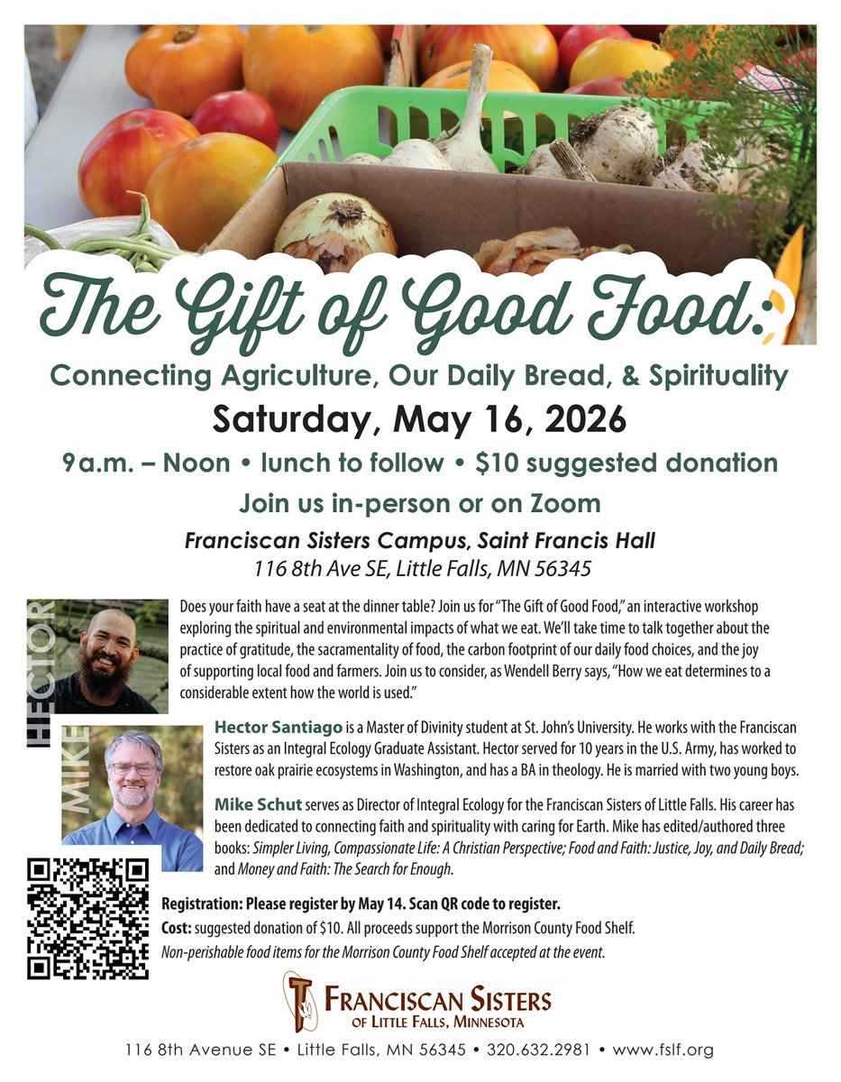 cdcmorrisonmn's tweet image. 📆 Join the #FranciscanSisters of #LittleFallsMN, #PurpleCarrotMarket &amp;amp; #SproutMN at #TheGiftofGoodFood on Sat. 5/16, from 9am-12pm at #StFrancisCampus.

🌟 Sign up by 5/14 
lp.constantcontactpages.com/ev/reg/8ybqtfu
#MorrisonCounty