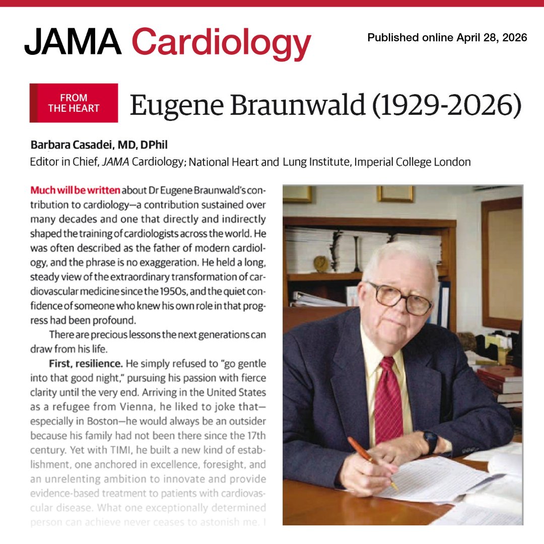 JAMACardio's tweet image. JAMA Cardiology Editor in Chief Barbara Casadei, MD, DPhil, reflects on the legacy of Eugene Braunwald, MD (1929-2026), whose contributions fundamentally shaped modern #cardiology. 

ja.ma/4uatgWb