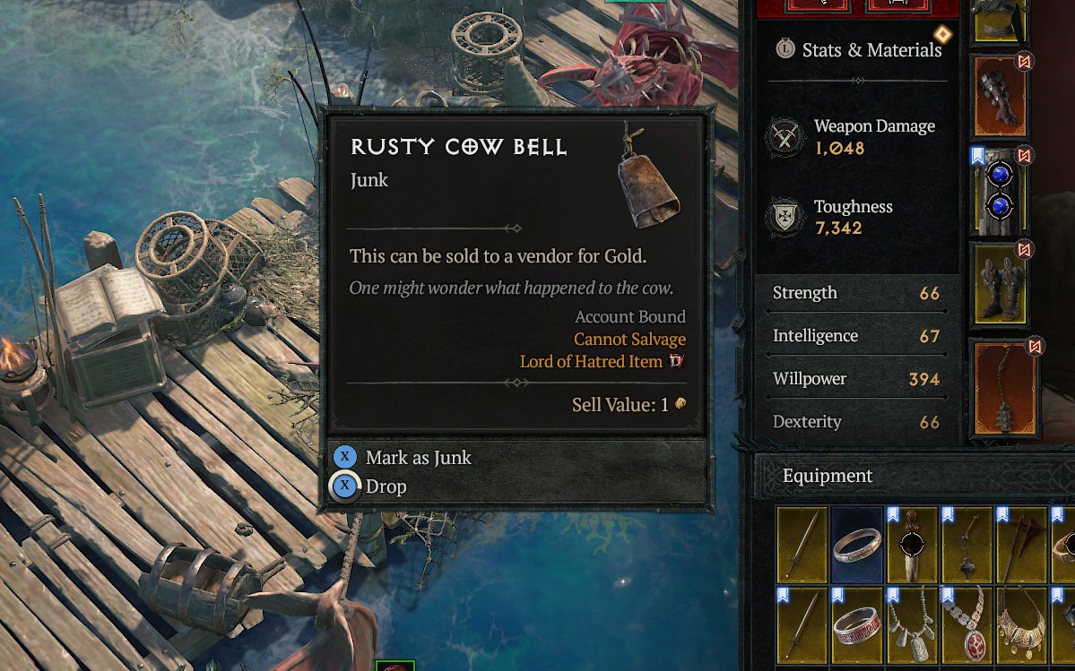 The Cow Level is indeed in the Expansion. I just fished up a Rusty Cow Bell. Assuming this goes into the Horadic Cube with something else?  

#DiabloIV #Diablo