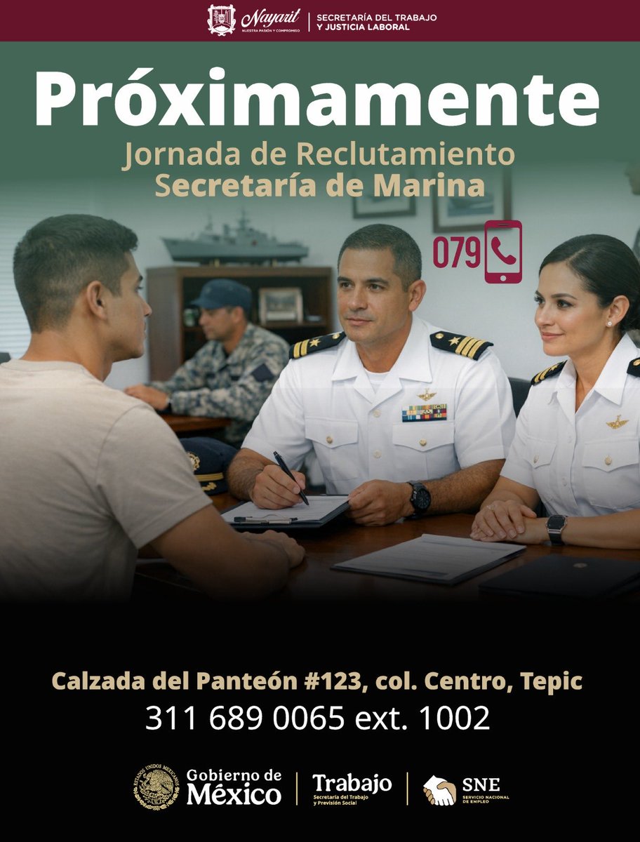 SNENayarit's tweet photo. 📣 Espera la fecha 📅

 Aprovecha la oportunidad de formar parte de la Secretaría de Marina ⚓ 🗺

📞 311 689 00 65 ext. 1002 

⁦@NayaritGobierno⁩ STJL ⁦@NayaritDif⁩
#SNE  #Trabajo  #BolsaDeTrabajo #Empleo #PrimaveraLaboral https://t.co/Xi6CGmRGe9