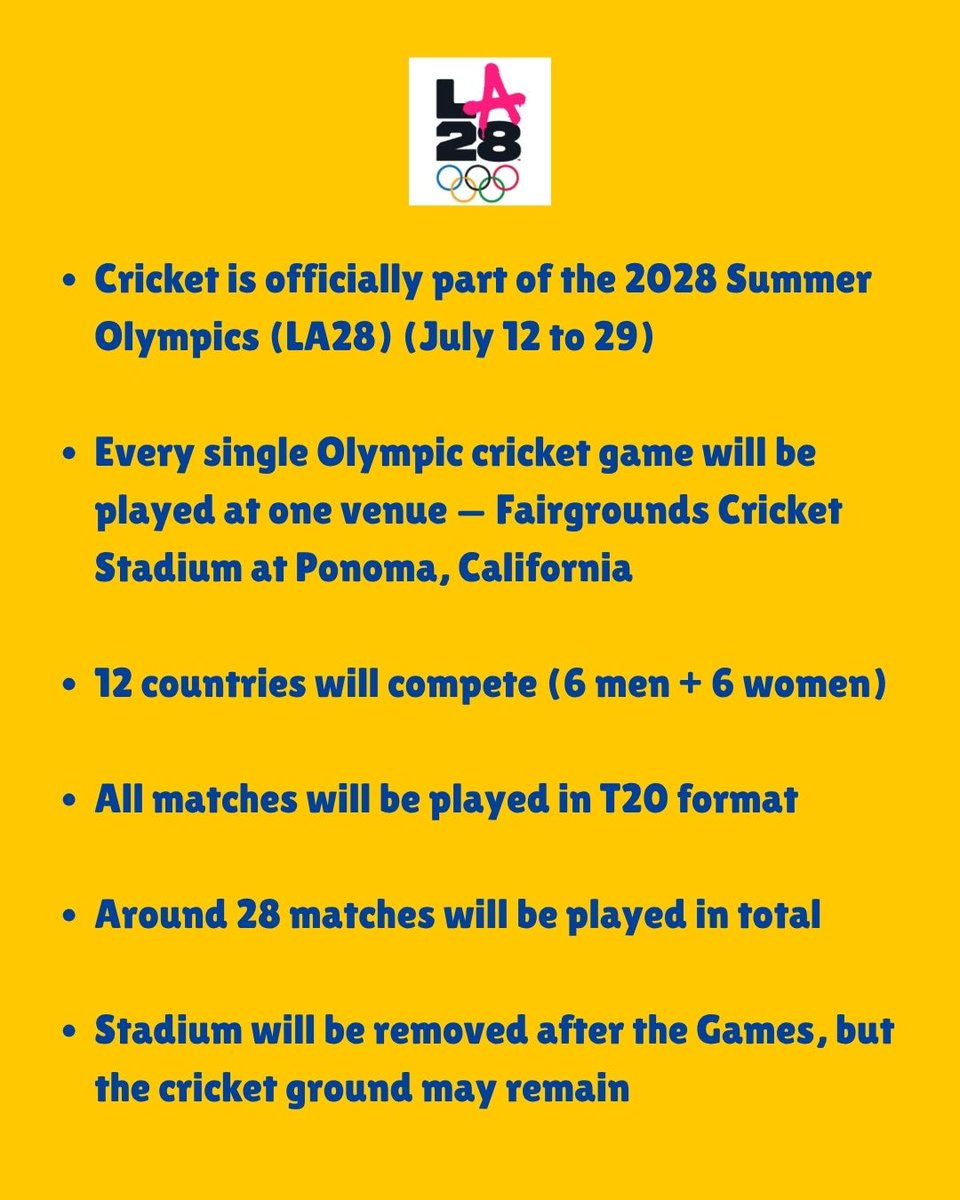 abroadclubs's tweet image. As we all know, cricket is part of the Olympics, and it’s coming to LA’28 🏏🏅

A Brand New stadium in Pomona, California will host all matches (T20, men + women). Big step for cricket going global 🌍

#la28 #Olympics 

Checkout the post below for more 👇