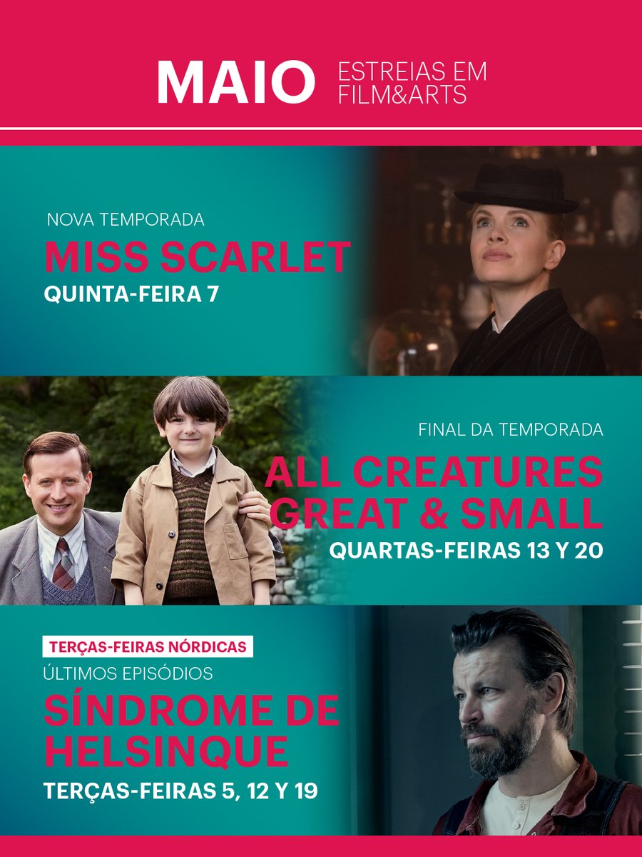 FilmAndArtsBr's tweet photo. Retornos que estavam faltando. Despedidas que não queremos. ✨ Maio no Film&amp;Arts vem com tudo.

Qual é o primeiro que você vai marcar na agenda? 📅

#DestaquesDoMês #FilmAndArts #MissScarlet #AllCreatures #SindromeHelsinki https://t.co/dhumzKT2FI