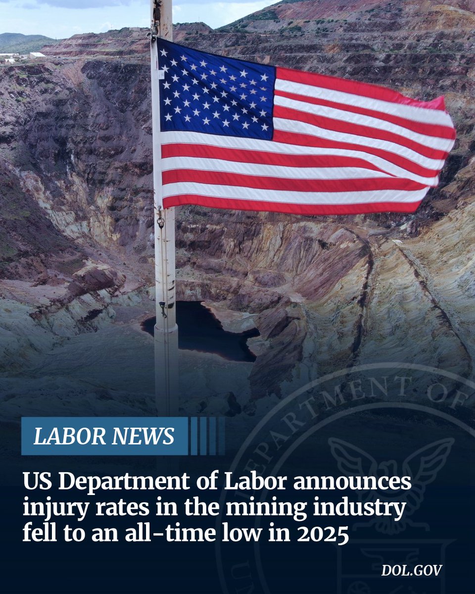 USDOL's tweet photo. Great news! 📉 The all-injury rate in the mining industry reached a historic low last year: https://t.co/URLblw3ZpT
 
The Trump Administration is committed to revitalizing U.S. mining while protecting our miners.
 
AMERICAN WORKERS FIRST 🇺🇸 https://t.co/TlKfwBhg6L