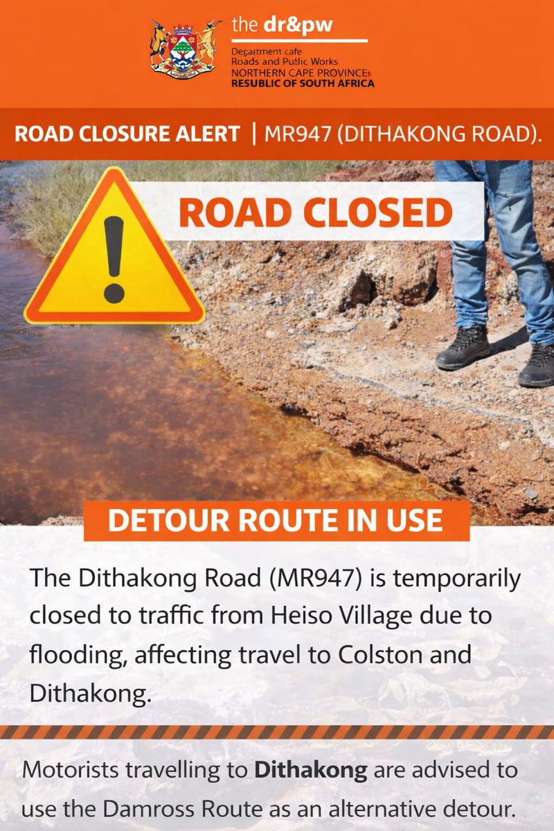 DIGISpokes's tweet image. 🚧 JTG ROAD CLOSURE ALERT | MR947 
⚠️ Dithakong Rd closed from Heiso Village due to flooding, affecting travel to Colston &amp;amp; Dithakong.
🔁 Use Damross Route as a detour.
🚗 Drive safely &amp;amp; stay alert.
#RoadClosure 
#JTGDistrict #StaySafe