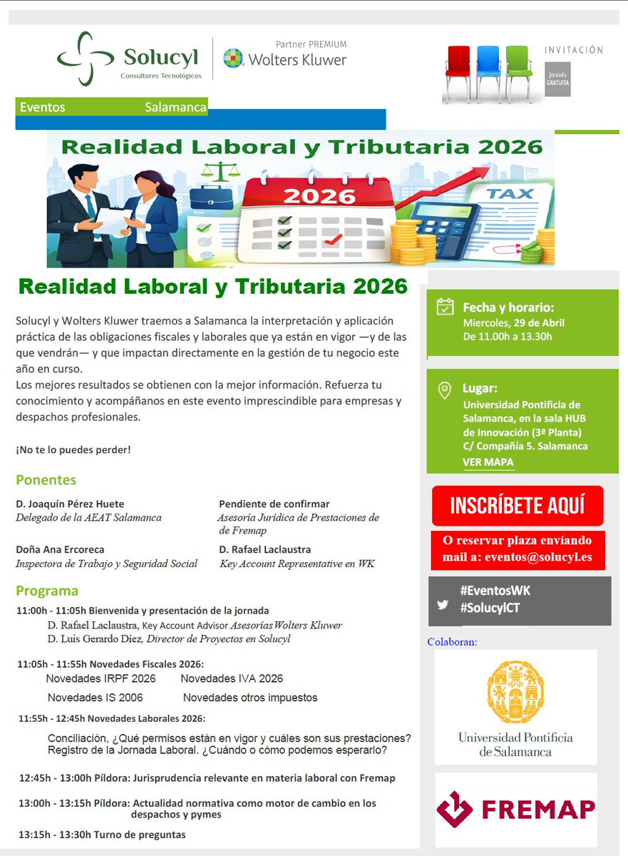 Solucylct's tweet photo. 🚨 ÚLTIMO AVISO 🚨

Mañana en Salamanca tienes una cita clave 👇
📊 Realidad Laboral y Tributaria 2026
📍 Universidad Pontificia de Salamanca
🕚 De 11:00 a 13:30
🎟️ Evento gratuito
👉 Últimas plazas disponibles
👉 Reserva ahora mismo y no te quedes fuera https://t.co/m2YyyctWSq