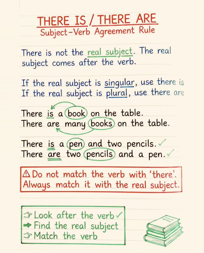 BaylaPro's tweet image. 📘 English Tip: There is / There are

Use “There is” for one thing 👇
• There is a book on the table.

Use “There are” for more than one 👇
• There are two apples in the basket.

✨ Remember:
“One = is” | “More = are”

#LearnEnglish #EnglishTips #Grammar
