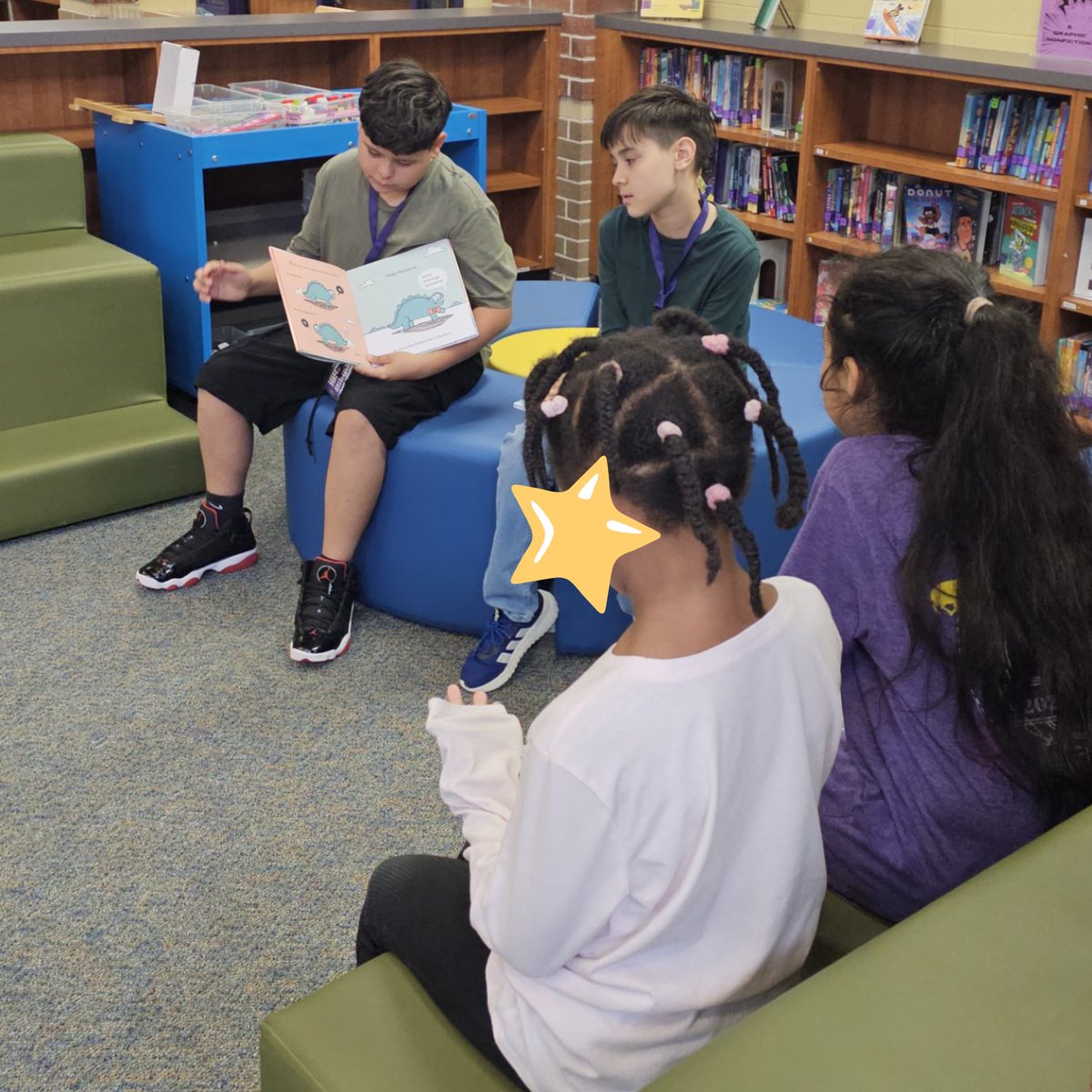 MRJHLibrary's tweet photo. Ms Perez's reading class selected and practiced with a picture book. Then, they read to our little Mavs that wait for their parents after school each day. They did such a great job! Way to go #MaverickReaders! @katy_libraries @MRJHMavs https://t.co/j6EFd1BJFI
