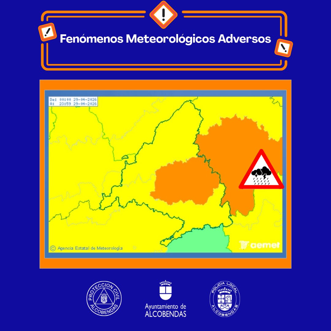 Alcobendas_Prot's tweet photo. ⚠️ Activos los avisos meteorológicos de @aemet_esp de nivel naranja por #FMA tormentas ⛈️ que podrían ir acompañadas de granizo y fuertes rachas de viento y por lluvias ☔️ que podrían dejar 30mm de precipitación en una hora en #Alcobendas.
#SomosParteDeTi092 https://t.co/5DXs4x1in9