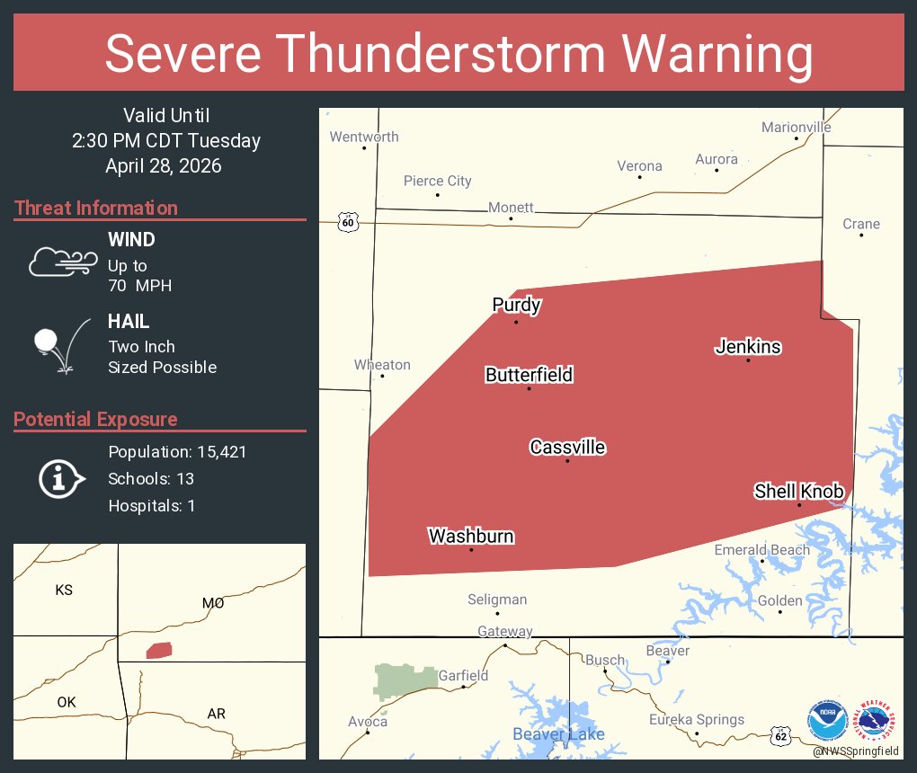 Severe Thunderstorm Warning continues for Cassville MO, Shell Knob MO ...