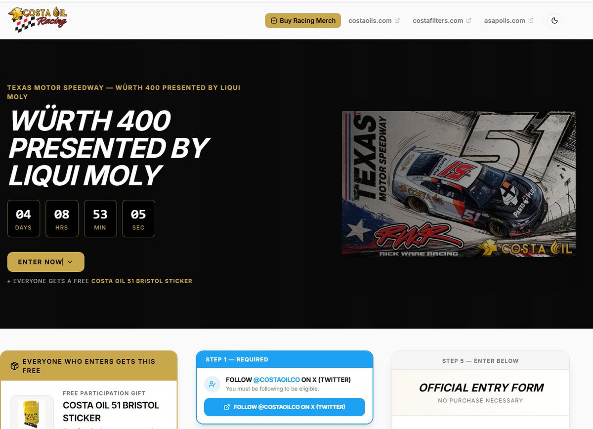 CostaOilCo's tweet photo. 🏁🔥 RACE WEEK IS HERE 🔥🏁 The Würth 400 presented by LIQUI MOLY is going down at Texas Motor Speedway this weekend (May 3, 2026) 🏎️💨

🚨 GIVEAWAYS FOR EVERYONE + PRIZE 👇

🎟️ Enter the Costa Oil Race Week Giveaway
👉 https://t.co/OHCCfaRsN9 https://t.co/tCahe76qNk