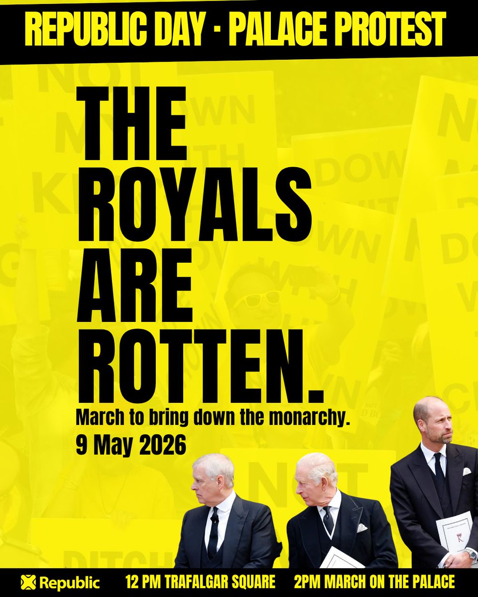 RepublicStaff's tweet image. We're taking on the rotten institution of the royals head on on May 9th. Rally on Trafalgar Square, march to Buckingham Palace. Pledge to protest with us TODAY. #NotMyKing #AbolishTheMonarchy #RepublicDay