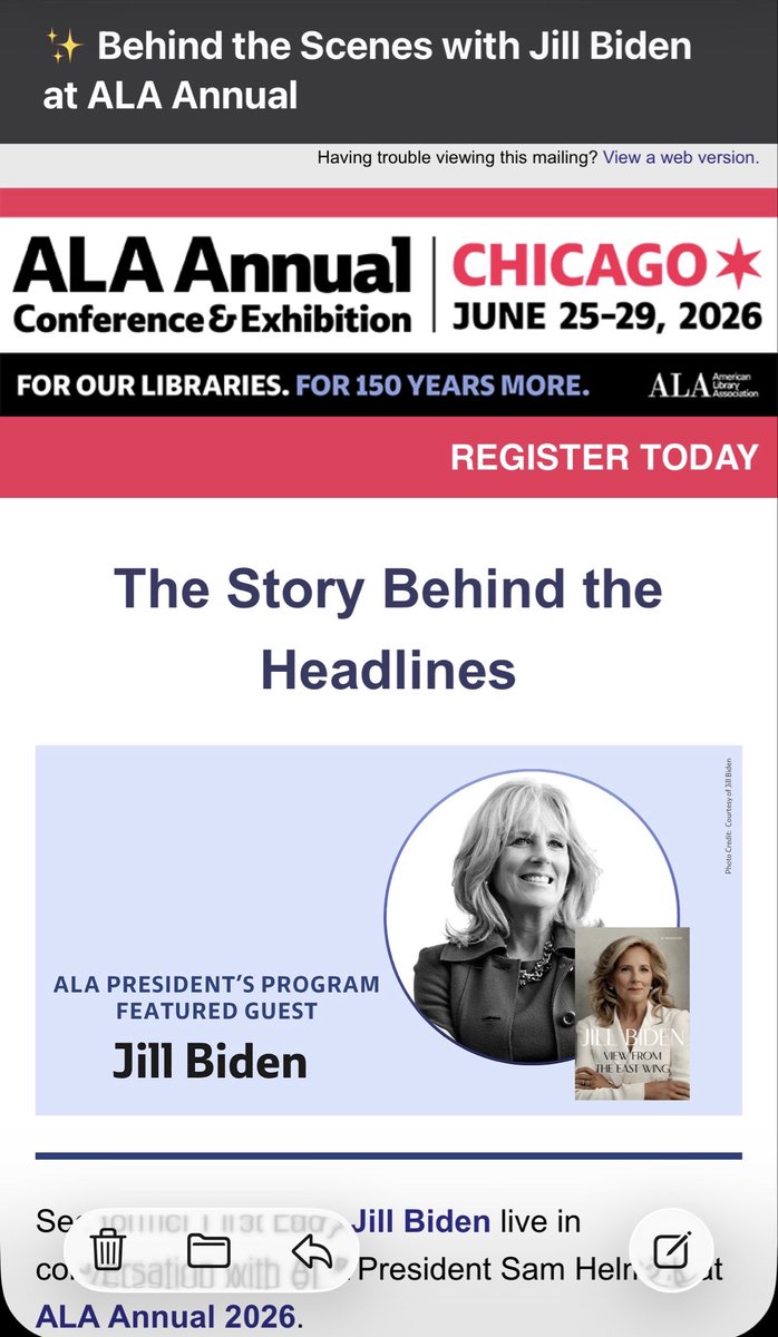 OccupyLibraries's tweet photo. JILL BIDEN to appear at American Library Association annual conference #ALAAC26 in Chicago.
Defund ALA. The money is being used to enrich the Biden family. Do not #FundLibraries. https://t.co/hfN1sDVb8y
