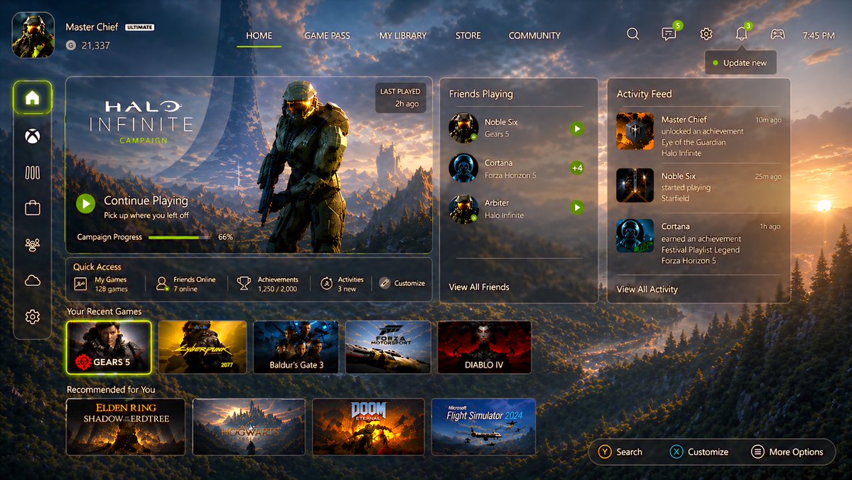 Voskimen's tweet image. @xboxinsider 
#Feedback – Clean Dashboard Concept for Xbox Series &amp;amp; Windows (Insider Suggestion)

Proposta de evolução da dashboard do #Xbox e App Xbox no #Windows, com foco em uma interface mais clean, moderna e imersiva.