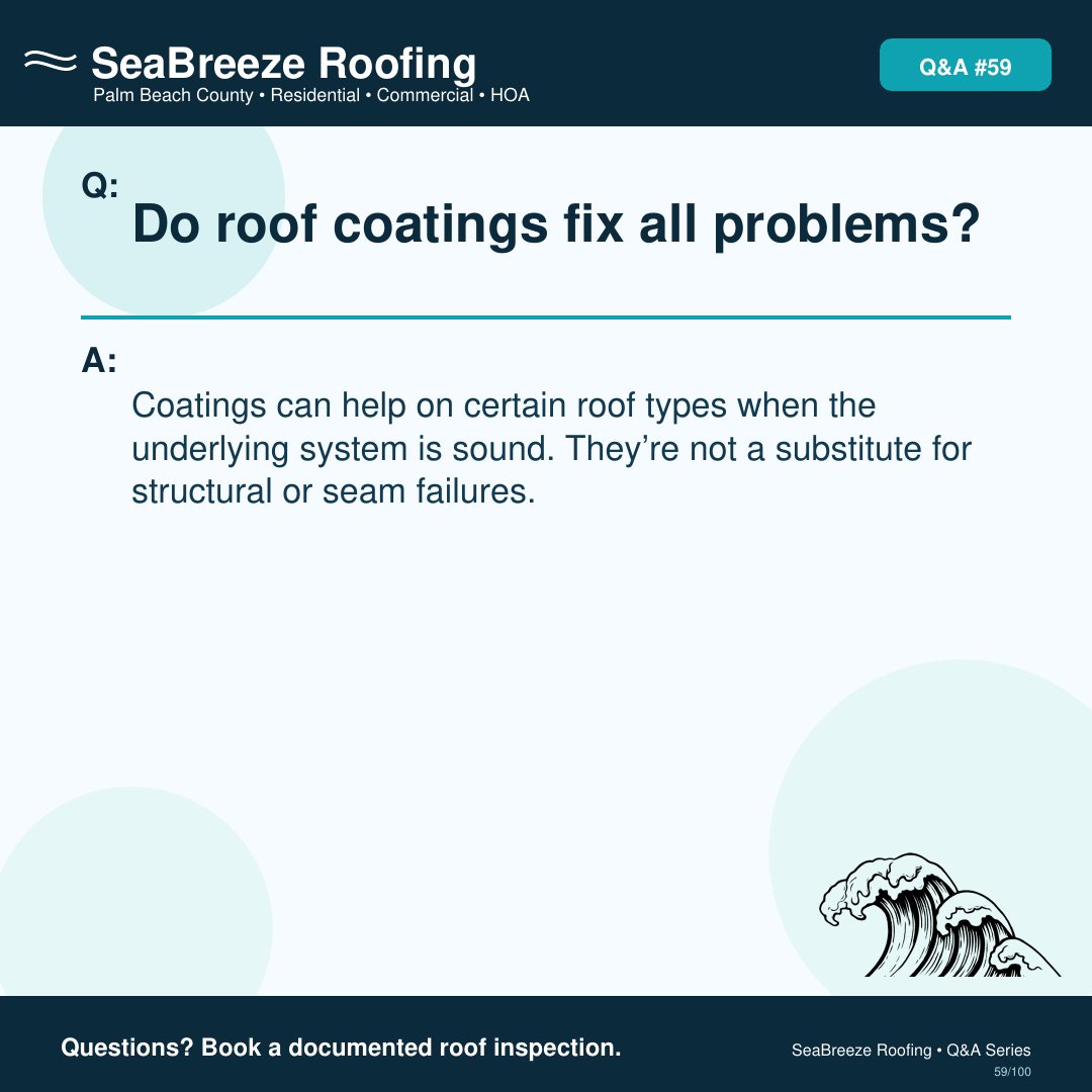 SeaBreezeRoof's tweet image. Coatings assist specific roof types when the underlying system is sound. They are not a substitute for repairing structural or seam failures. Contact SeaBreezeRoofing to book an inspection.

#SeaBreezeRoofing #PalmBeachCounty #RoofingContractor #Greenacres #RoofLeak