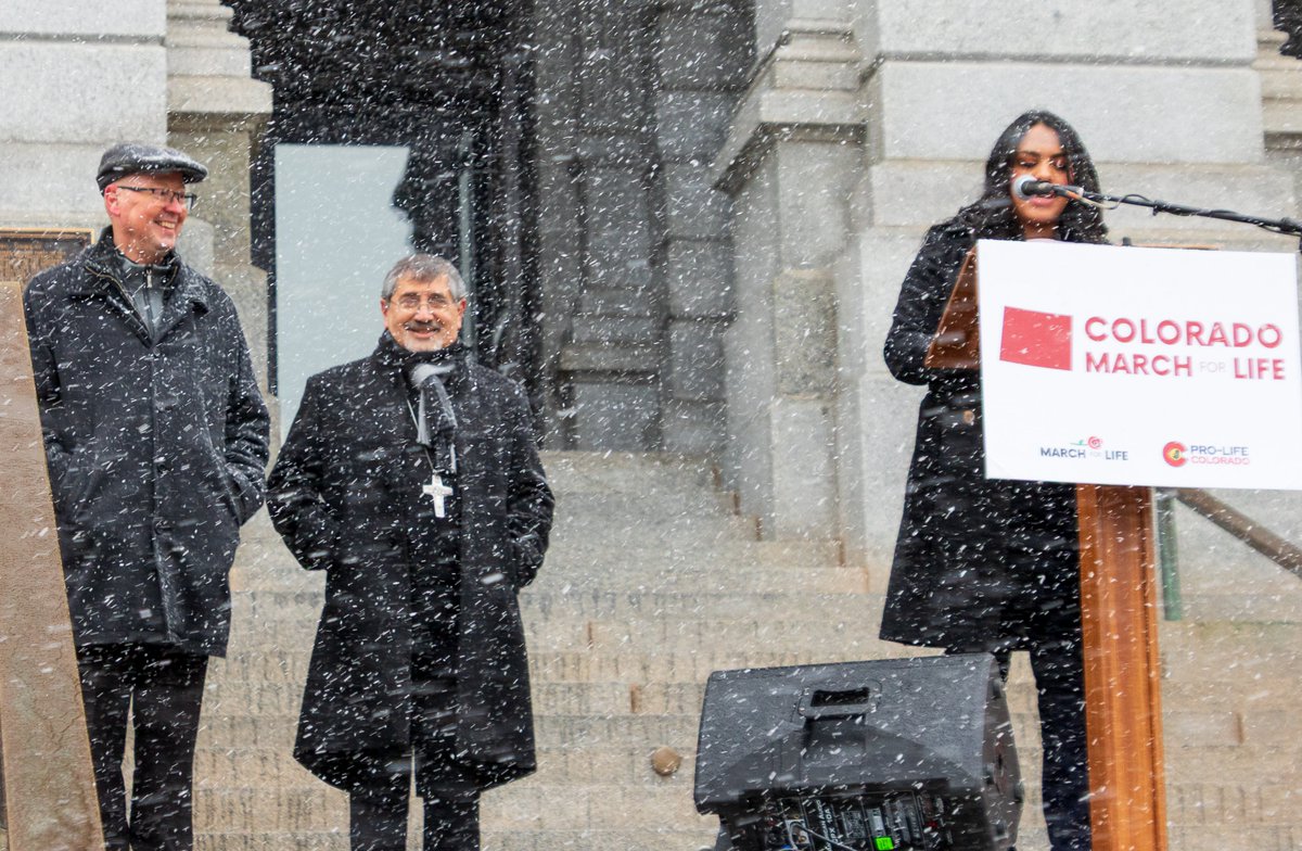 CCHerald's tweet photo. Archbishop James Golka and Bishop Jorge Rodriguez of Denver braved the snow and cold to speak at the Colorado March for Life on April 17. https://t.co/7bXkQCwm1P